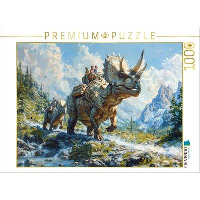 CALVENDO Puzzle Bergwanderung - Menschen mit Dinosaurier Triceratops | 1000 Teile Lege-Größe 64x48cm Foto-Puzzle für glückliche Stunden