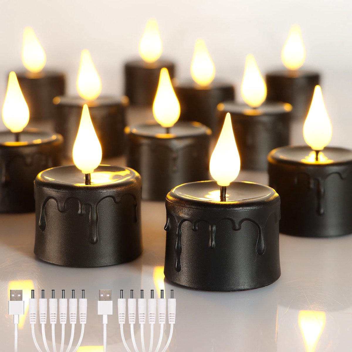 SnelShoppen 12 Stuks Zwarte Oplaadbare LED Theelichtjes met Timer en Flikkerend Lichteffect