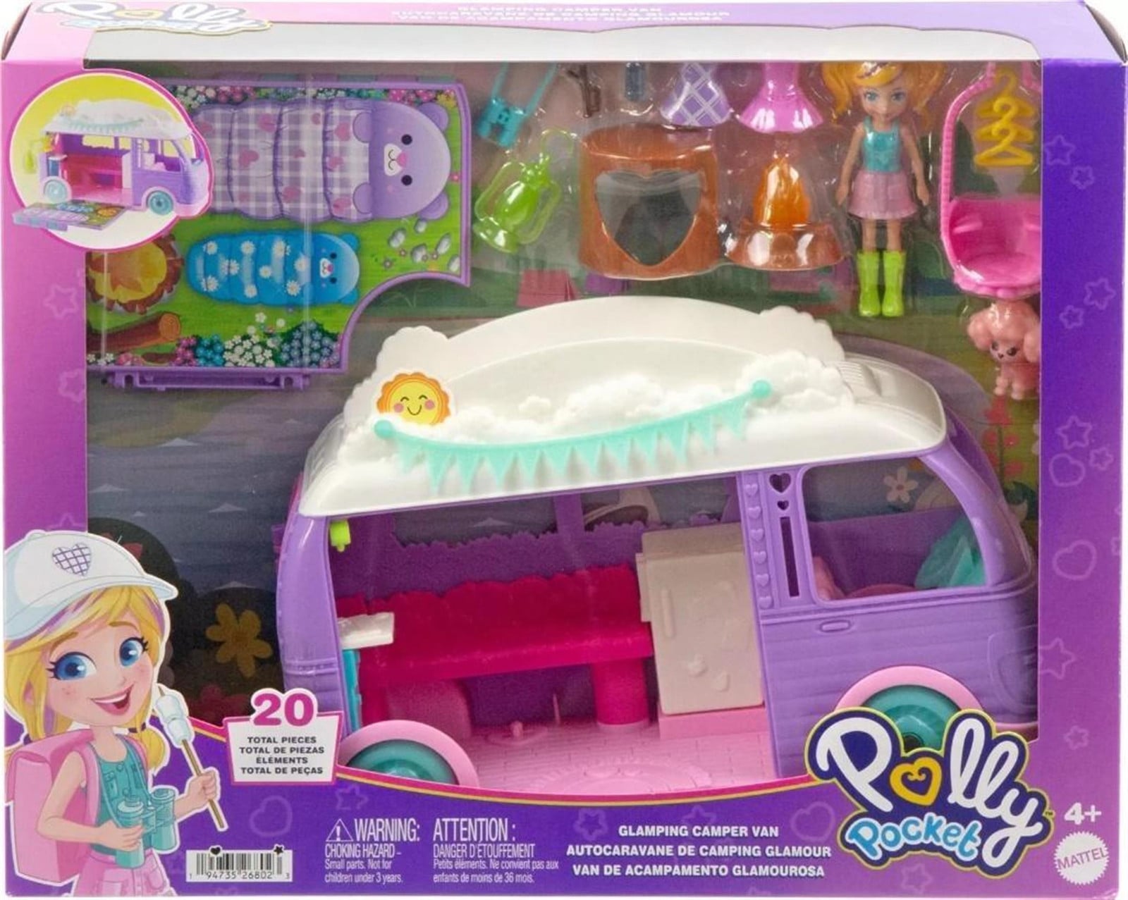 Polly Pocket Glamping-camper poppen- en huisdierspeelset met camping- en voedselaccessoires