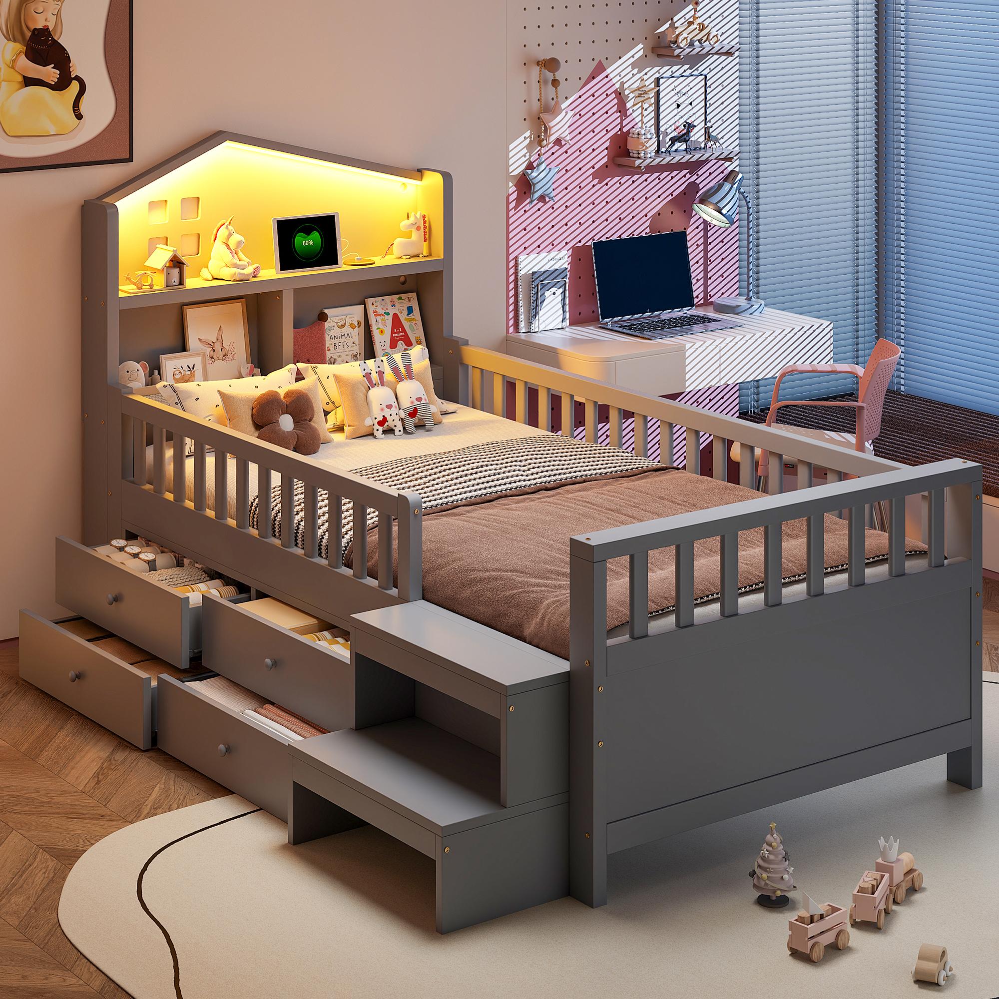 MODFU Jugendbett Kinderbett 90x200 Bettrahmen Massivholzbett mit LED-Leuchten und Ladeanschlüssen,Stauraumbett mit vier Schubladenlager und Schritten, ohne Matratze,Grau