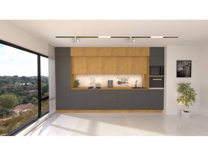 ROYAL24_MARKT Küchenzeile Nexa KÜ-LN-005 – 420 cm – Designküche mit maximalem Stauraum, (Komplett Set), Feinste Qualität - Modern - Zeitlos