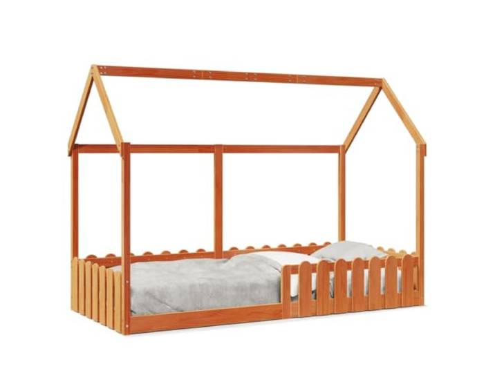 PUGYNBK Bett aus Massivholz, 90 x 200 cm Massives Kiefernholz, Seitengeländer, offene Decke, Lattenfuß im Lieferumfang enthalten