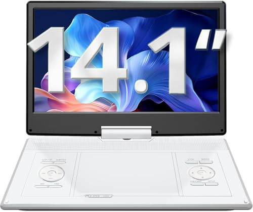 YOTON Draagbare DVD-speler met 16,9-inch scherm en 14,1-inch HD-zwenkscherm voor in de auto, USB/SD-ondersteuning, Wit