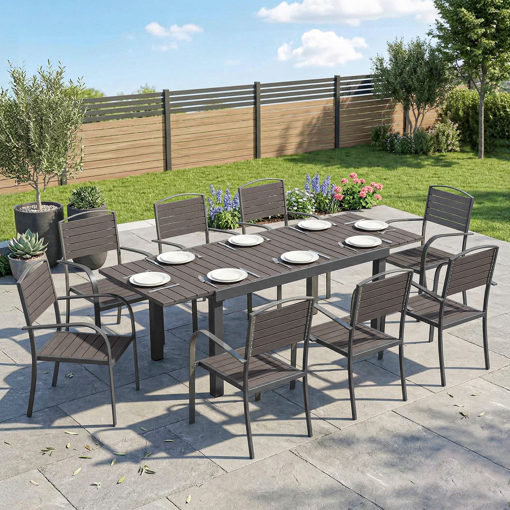 Outsunny Set Pranzo Estensibile Esterni 9 Pezzi, Tavolo Alluminio, 8 Sedie, Grigio   Aosom Italy