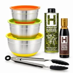 HENSSLERS 3 Edelstahlschüsseln, Edelstahlzange, Olivenöl 500ml und Balsamico Creme