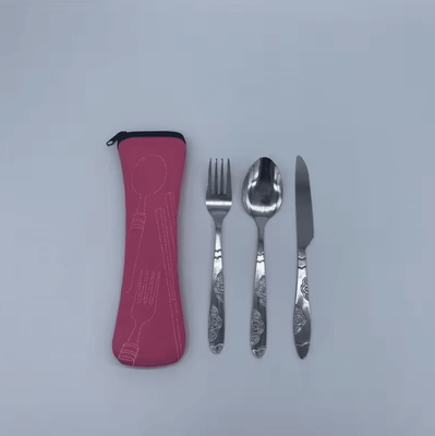 Uplift Curations Stainless Steel Outdoor Camping Tableware Set Portable Knife, Fork, Spoon With Cloth Bag (3 7 Pcs) 3pcs red