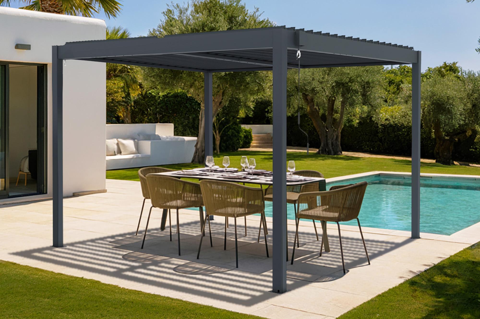 PIANA 3x3m freistehende, bioklimatische Pergola aus grauem Aluminium