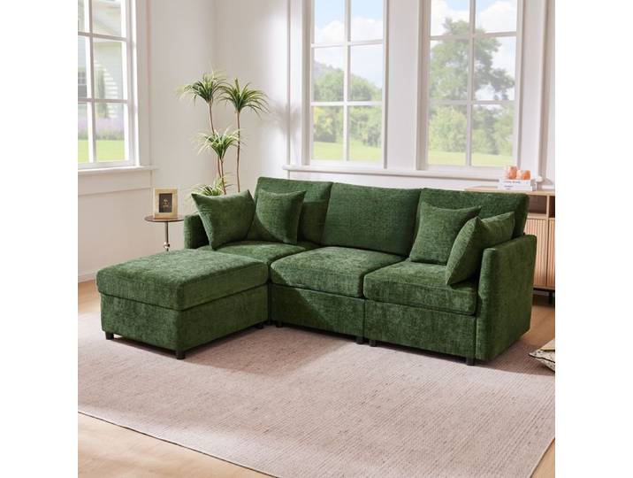Canapé d angle modulable 216x161 cm EVRYAE - avec pouf mobile et 4 coussins usage 3 places ou angle - Vert