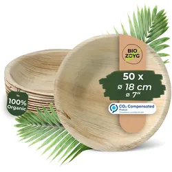 BIOZOYG 50 Stück Einwegteller Ø 18cm Palmblatt-Teller, rund, biologisch abbaubar, umweltfreundlich, kompostierbar, wiederverwertbar, Wegwerfteller