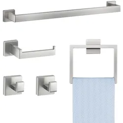 VEVOR Badezimmer Hardware Zubehör Set aus Edelstahl 304  (5-tlg.) inkl. Handtuchstange & Handtuchhalter (quadratischer Ring) & 2 Haken & Toilettenpapierhalter, für Badezimmer, Wandmontage Silber