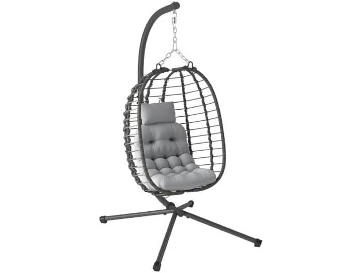 Outsunny Fauteuil Suspendu Pliable en résine tressée avec Support Gris Fauteuil oeuf suspendu\, Coussin et oreiller\, Hauteur réglable\, Cadre acier\, Extérieur jardin
