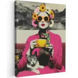 LEINWANDBILD Frau - Katze - Blumen - Tasse - Retro Wandbild Wohnzimmer 60x80 cm
