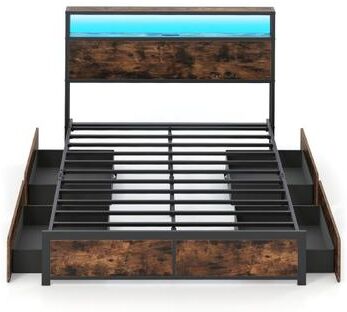 Costway Full/Queen Size LED Bed Frame with Charging Station and 4 Storage Drawers-Full