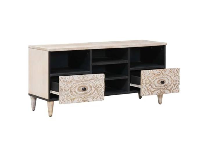 SKTQYQO TV-Schrank weiß 100 x 33,5 x 46 cm Mangoholz massiv 2 Schubladen, 1 Regal, Metallrahmen, nur Innengebrauch, Montage erforderlich, mittlere Mitte