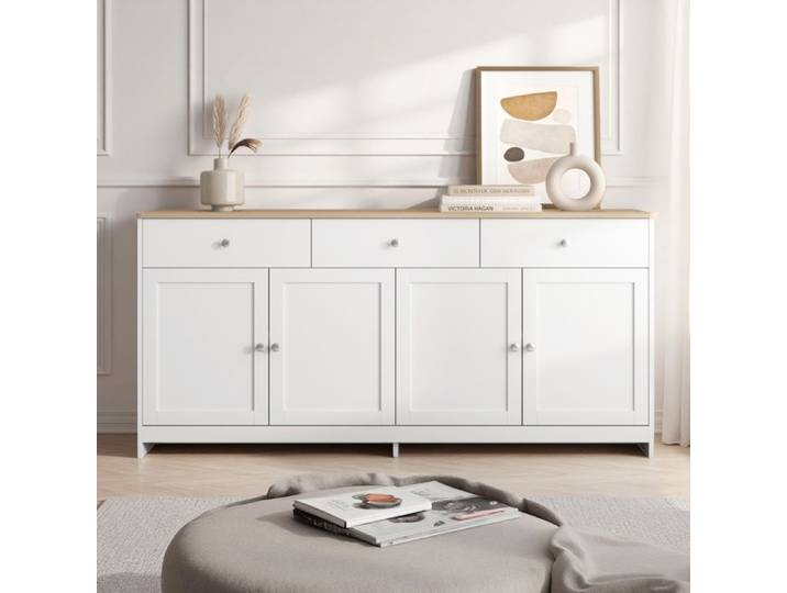 Buffet buffet bahut 4 portes et 3 tiroirs buffet de salon cuisine 160x37x75 cm style rustique moderne Blanc et bois