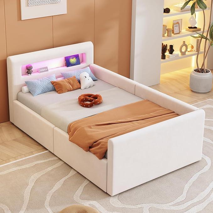 Kinderbett 90x200 cm mit Bettkasten, LED & USB, Polsterbett aus Samt | Ideal als Kinderbett, Mädchenbett oder Jugendbett, mit LED-Beleuchtung, Nachtlicht & USB-Ladeanschluss, Beige, ohne Matratze