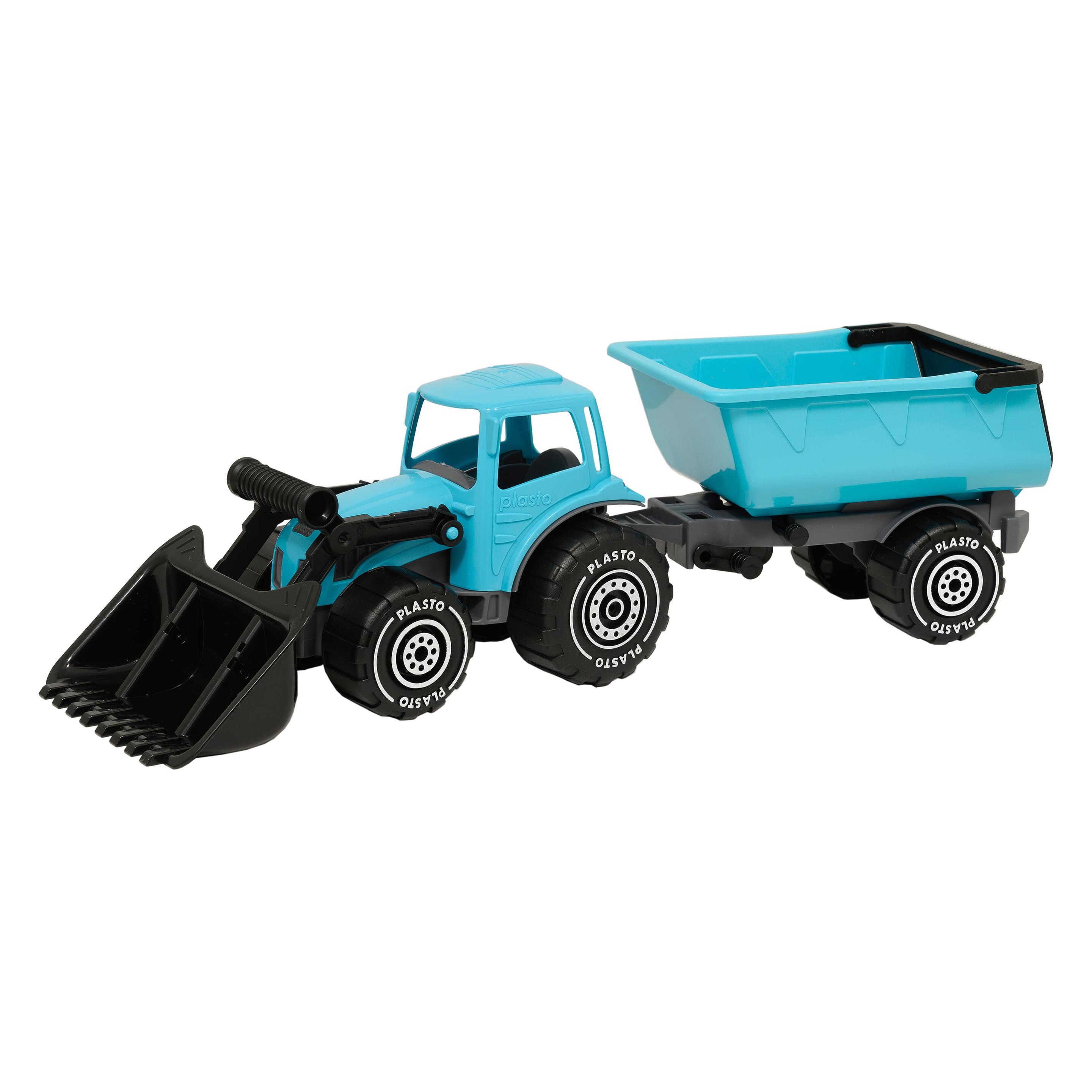 Plasto Tractor with frontloader and trailer, blue, 56 cm (1672TUB)