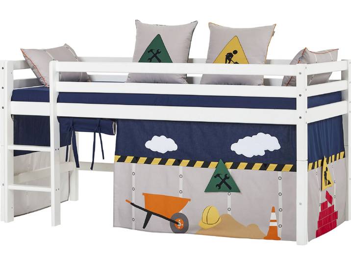 Hochbett HOPPEKIDS «Construction» , weiss (weiß, weiß), B:101cm H:105cm L:208cm, Hochbetten, Hochbett, mit Baustellen-Vorhang Matratze 2 Grössen