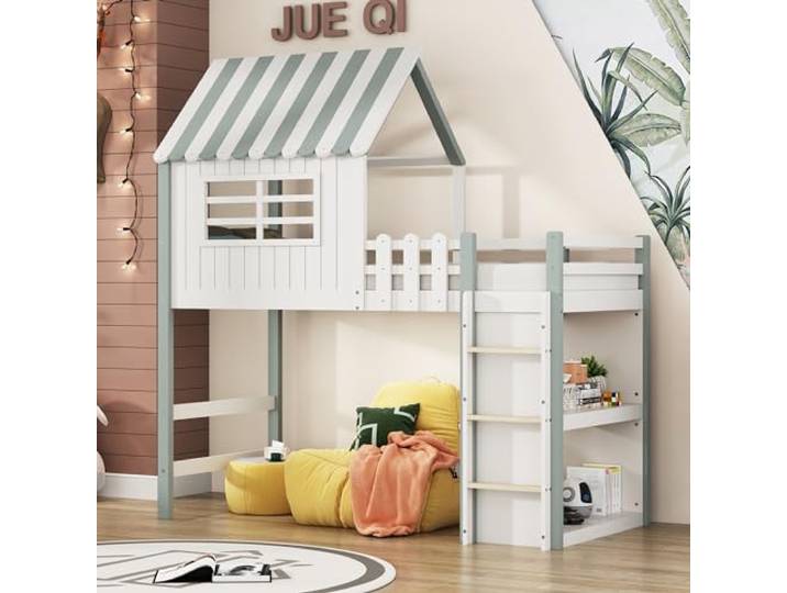 YESGIGA Kinderbett 90x200 cm hoch und niedrig Bett für Jungen und Mädchen Heimbett Dachform mit Sicherheitsleiter mit Ablagefach Multifunktionsbett Massivholzbett mit Lattenrost (Green)