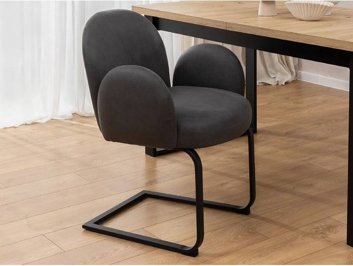 S-Style Möbel Vela - Polsterstuhl im Japandi Stil und im runden Design aus Mikrofaser Anthrazit Vintage mit schwarzem Metallgestell - Anthrazit
