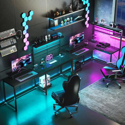 "HOMCOM Gaming Desk, 62"" L Shaped Desk with Power Outlets & LED Lights, 86"" 2 Person Computer Table with Shelf"