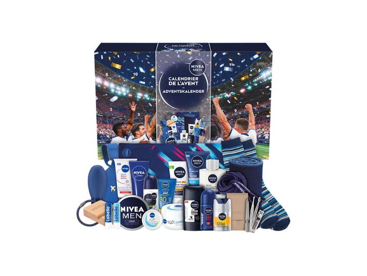 NIVEA MEN Calendrier de l'Avent Homme 2026, 24 Surprises, 15 Produits de Soin &amp; 9 Accessoires, Soins Visage, Rasage, Déodorants et Hydratation, Idée Cadeau Noël Homme