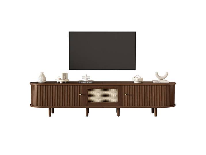 Flieks Tv-Ständer 180cm Oval Nussbaum Rattan-Design verstellbare Füße, Braun, Holz, 49.5x14.5x120 cm, Wohnzimmer, TV Möbel, Lowboards, Lowboards stehend