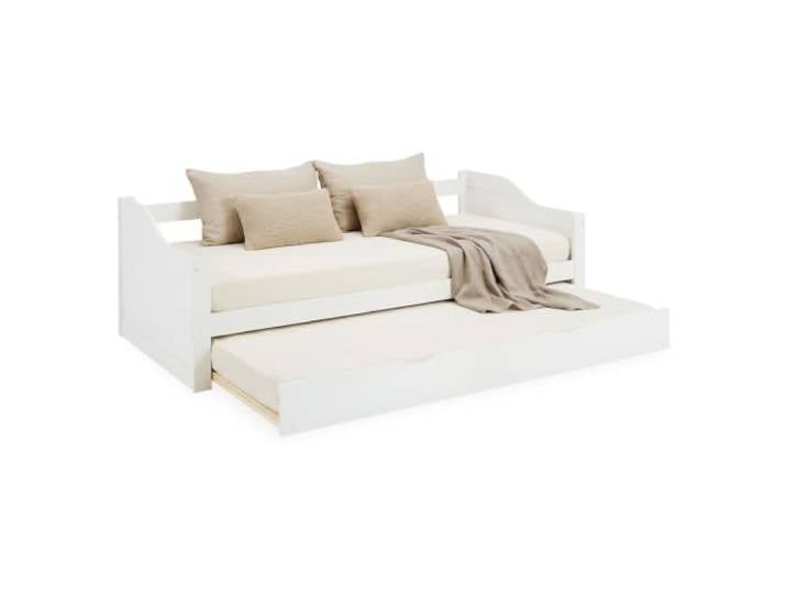 Homestyle4u Ausziehbett 90x200 mit Schublade 2 Matratzen & Lattenrost Kinderbett Tagesbett ausziehbar mit 2 Lattenrost& 2 Rollmatratzen Kojenbett Gästebett Weiß Kiefer massiv Holz