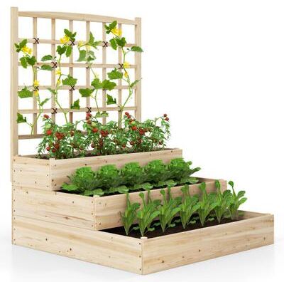 Costway 3-Tier Raised Garden Bed with Lattice Trellis and Open-Ended Base-Natural