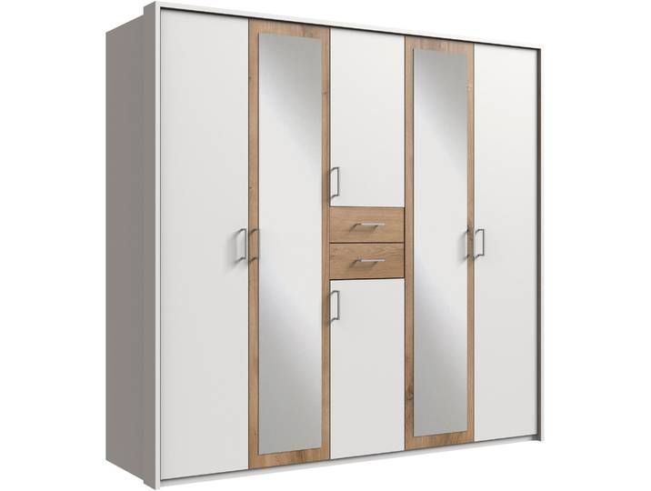 Kleiderschrank WIMEX Diver Drehtürenschrank mit Spiegel, in der Breite: 225cm , weiss (weiß, plankeneichefarben, griffe alu), B:225cm H:207cm T:58cm, Schränke, Kleiderschrank, Bestseller Schlafzimmerschrank wahlweise 3 Innenausstattungen