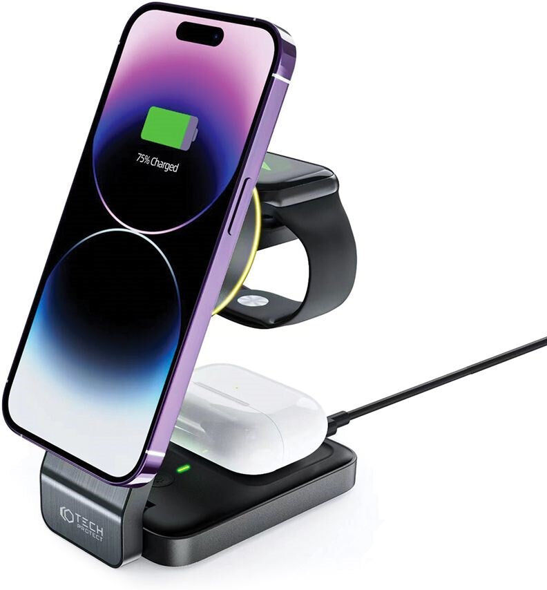 Tech-Protect QI-A28 3-in-1 15W Trådløs Oplader - Sort