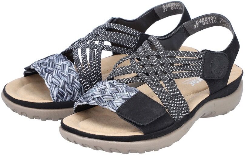 Riemchensandale RIEKER, Damen, Gr. 37, Synthetik, schwarz, Lederimitat, Schuhe Riemchensandale, Sommerschuh, Sandalette, Keilabsatz, mit geflochtener Bandage schwarz 37, Synthetik