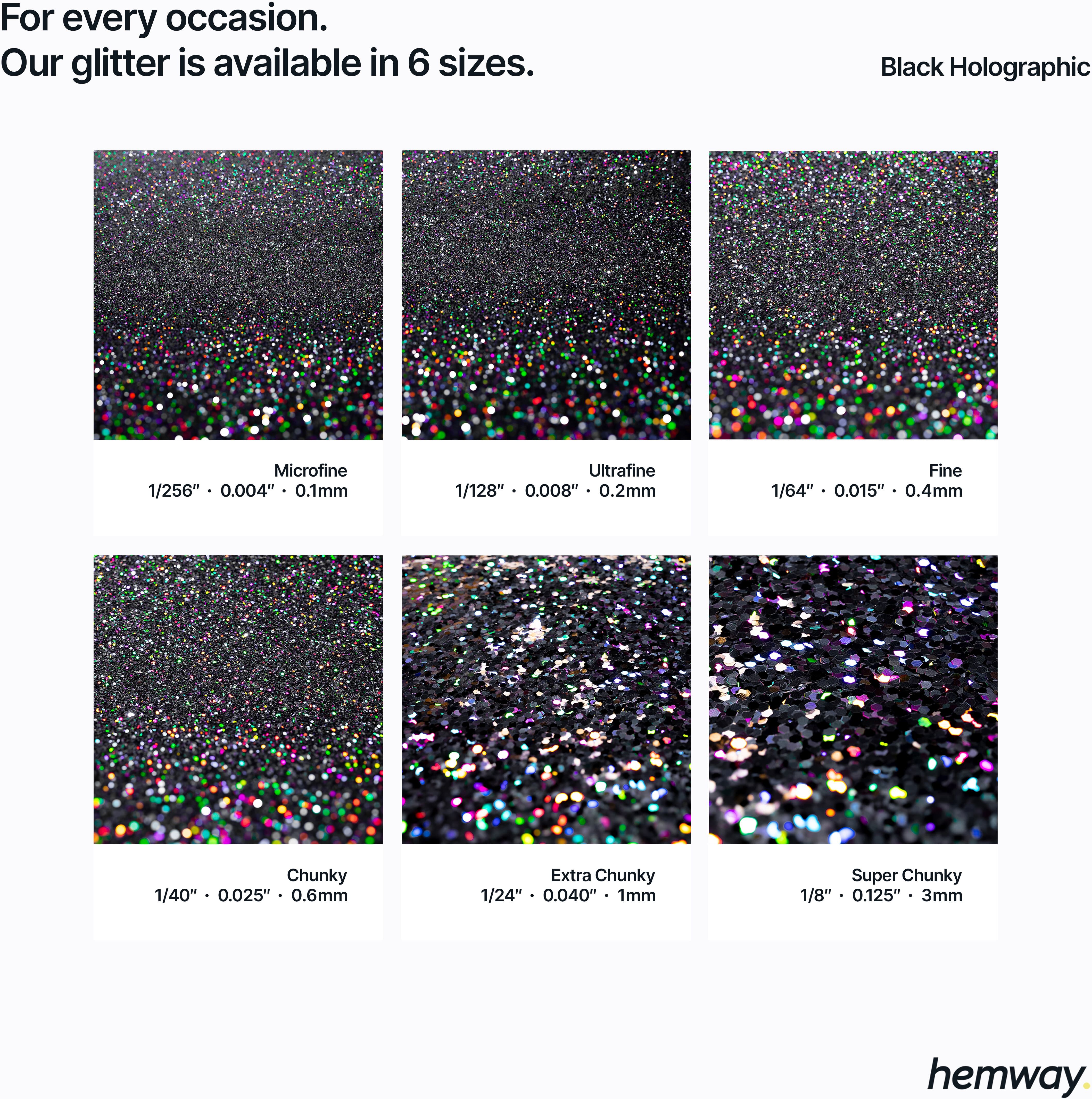 Hemway Multi-Size Glitter Shaker 120g / 4.2oz   Black Holographic   Cosmetic, Festival, Epoxy Resin, Crafts - Black Holographic - 120g