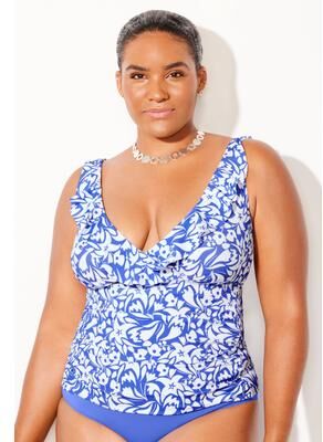 Plus Size Women's Ruffle V-Neck Tankini Top by Swimsuits For All in Stardust Flowers (Size 12)