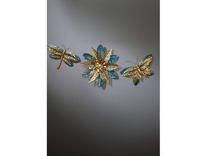 Wanddekoration aus Metall, Gold-Blau, Libelle