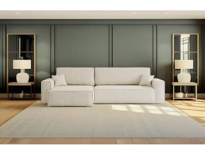 Kaiser Möbel - Ecksofa mit Schlaffunktion und Bettkasten, Sofa L-Form, Schlafsofa mit Bettzeugbehälter, Bequemes Couch mit Ottomane für Wohnzimmer, Klappsofa, Relaxsofa, Best XL, Ecru, Links