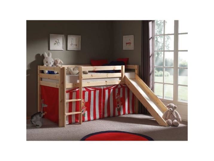 Lit enfant mezzanine toboggan nature Chucky - PINO - Bois massif - 180x200 cm - Gris