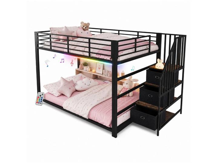Modfu Etagenbett aus MDF und Metall 140x200 cm Schwarz mit Stauraumtreppe, LED-Lichtband und USB-Anschlüssen, 140x200 cm, Babymöbel & Kindermöbel, Kinderzimmer & Jugendzimmer, Stockbetten