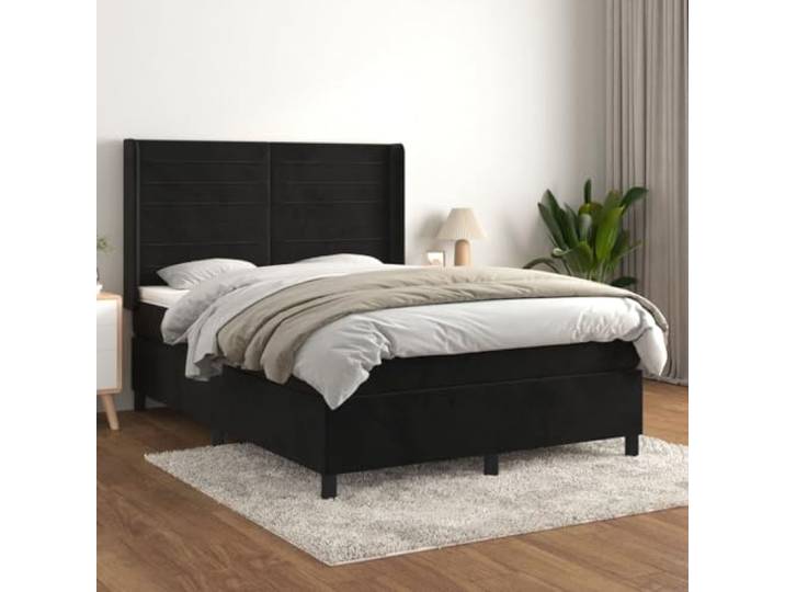 RJPLMFV Komplettes Bett, Velours, 140 x 200 cm, Lattenrost mit Matratze, Schwarz