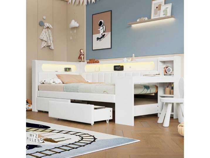 WOVREO Lit combiné 90x200 cm avec bureau intégré 2 tiroirs LED 7 couleurs port USB blanc