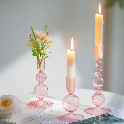 Uplift Essentials Groovy Wavy Glass Candlestick Holders pink