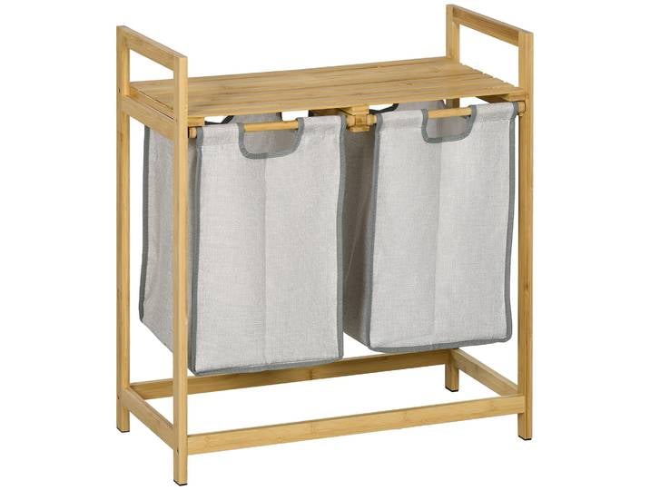 HOMCOM panier à linge sale en bambou avec 2 sacs amovibles 64x33x73cm Naturel