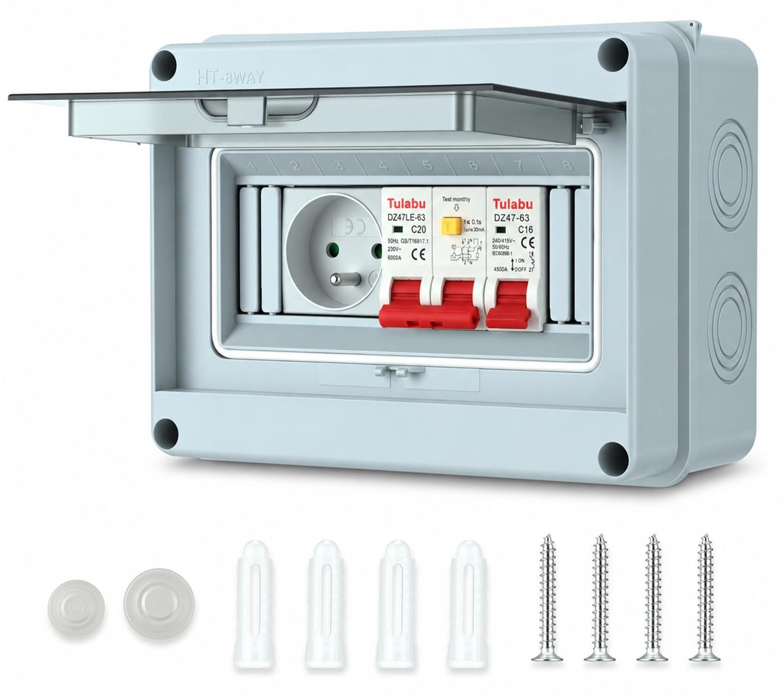 Selius Schuko stopcontact met FI-veiligheidsschakelaar, IP65 waterdicht