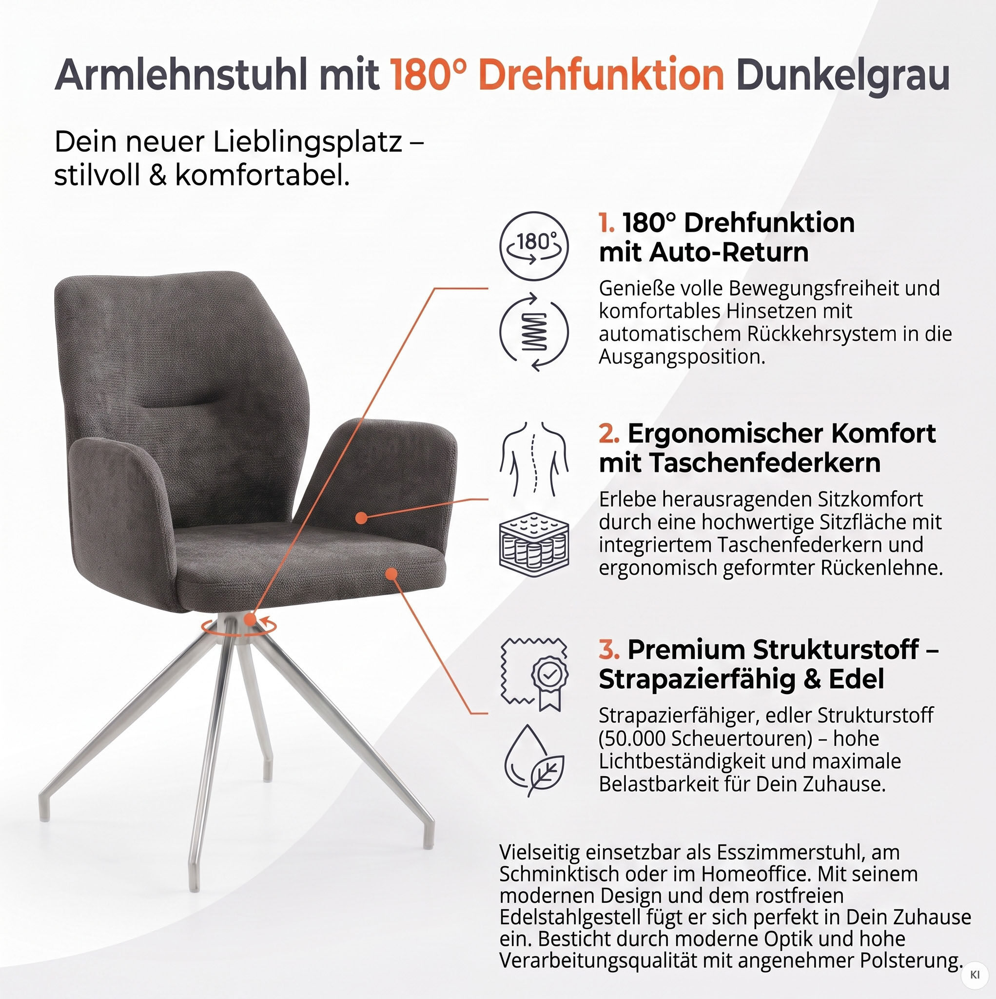 Esszimmerstuhl SALESFEVER "Taormina Armlehnstuhl mit silbernem Edelstahlgestell", grau (dunkelgrau silber, silber), B:60cm H:89cm T:62cm, Metall, Polyester, Stühle, Esszimmerstuhl, Esszimmersessel, 180 Drehfunktion, Gestell aus rostfreiem Edelstahl dunkel