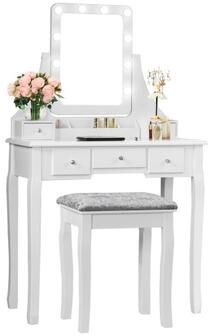 Costway Vanity Dressing Table Set with 10 Dimmable Bulbs and Cushioned Stool-White