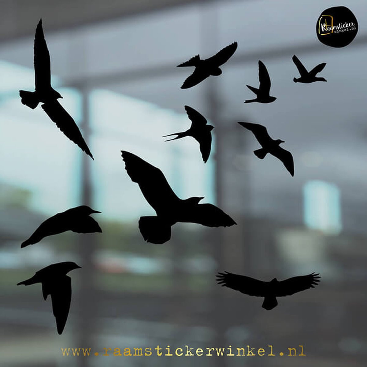 Set van 8 herbruikbare zwarte raamstickers met vogels in vlucht