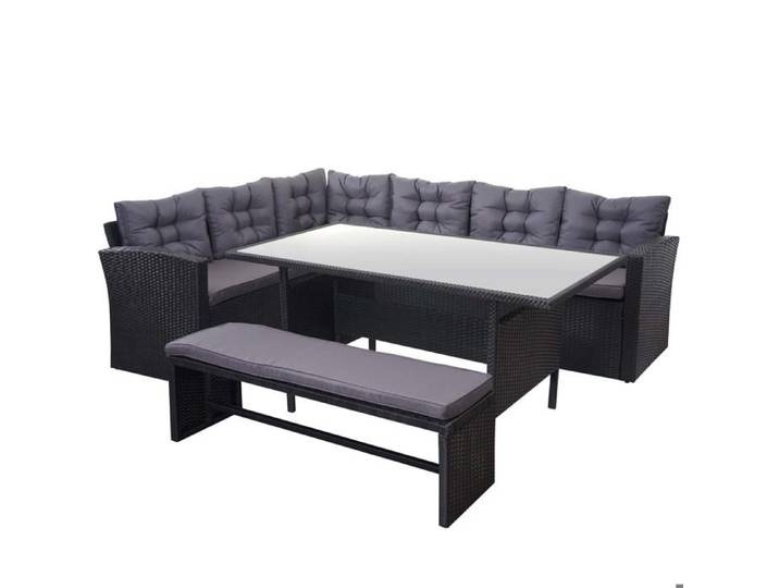 Ensemble complet de salon de jardin terrasse balcon veranda en polyrotin noir coussin gris fonce avec banc 04_0003045