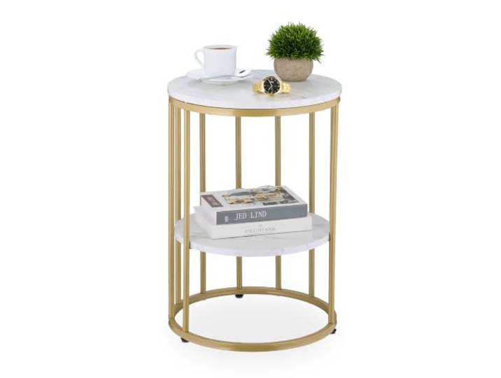 Relaxdays Table d'appoint\, 2 Plateaux Aspect marbre\, métal et MDF\, H x D : 57 x 40 cm\, pour Le Salon\, Blanc et doré