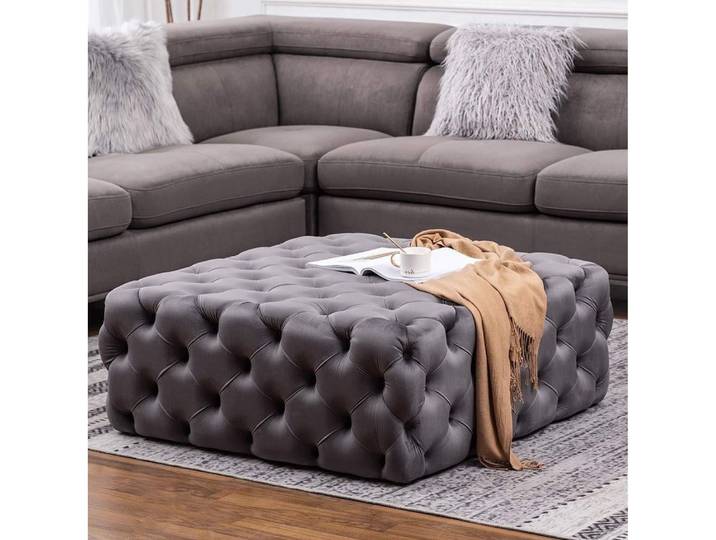 Xlmoebel Polsterhocker Grauer Samthocker im Chesterfield-Stil für das Wohnzimmer, Made in Europa