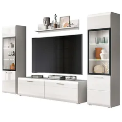 WOHNWAND weiß Hochglanz 4-teilig 280 cm, Schrankwand mit 2 Vitrinen